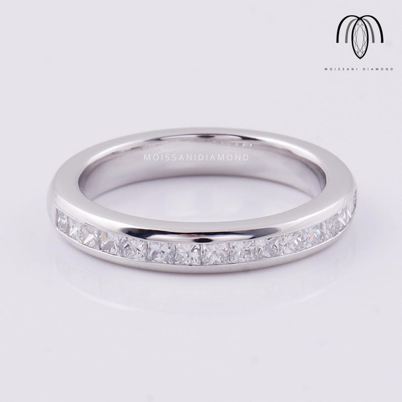 14K White Gold Channel Set Moissanite Wedding Band, Princess Cut Half ...