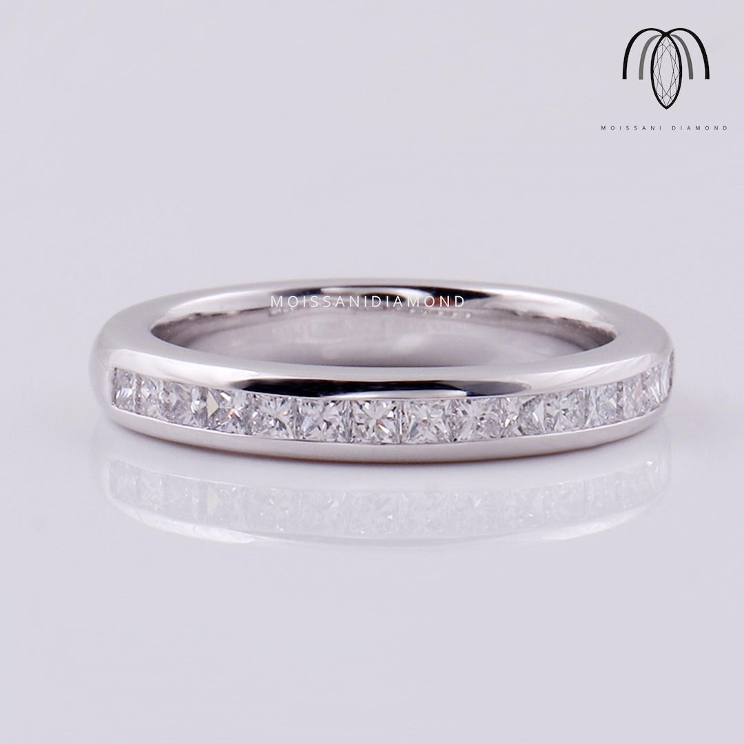 14K White Gold Channel Set Moissanite Wedding Band, Princess Cut Half ...
