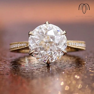 Vintage Jubilee Cut Moissanite Hidden Halo Engagement Ring, Art Deco Yellow Gold Engagement Ring, Moissanite Promise Ring, Anniversary Gift