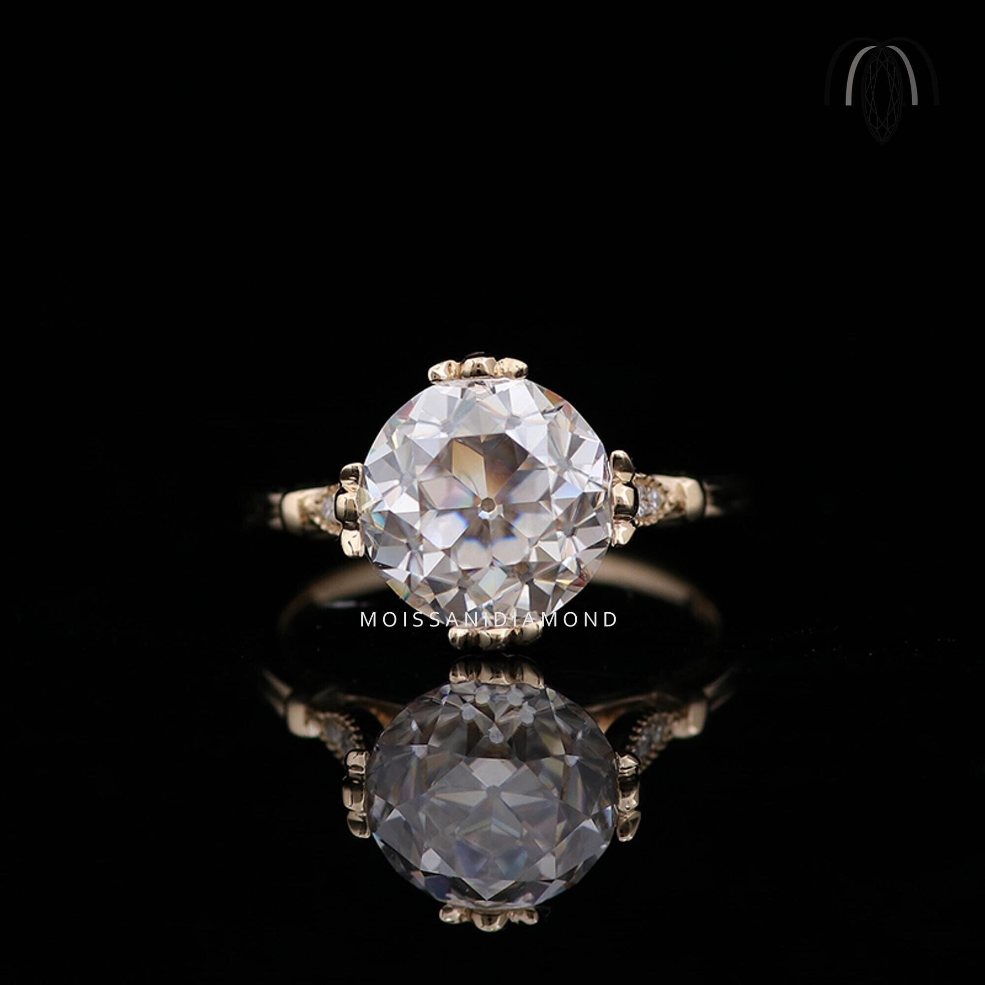 3 CT Old Mine Round Cut Moissanite Engagement Ring, 14K Yellow Gold Ring, Solitaire Wedding Diamond Ring, Vintage Anniversary Ring for Her