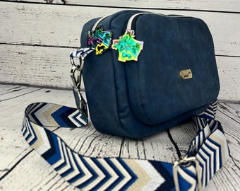 Blue Double-Zip Crossbody Bag with Hogwarts Charms – Faux Suede Handmade Bag | Adjustable Strap | Magical Purse | Gift for Potter Fans