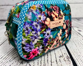 Floral Zipper Pouch – Handmade Quilted Makeup Bag | Blue Polka Dot Accent | Travel Toiletry Bag | Small Cosmetic Case | Gift for Her