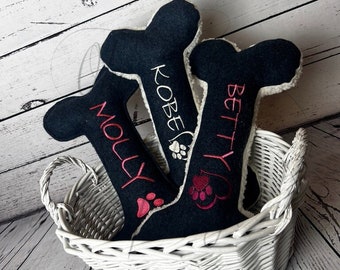 Personalized Dog Bone Toy – Custom Embroidered Pet Name Gift – Soft Plush Dog Chew Toy – Unique Dog Present – Custom Dog Toy in Basket