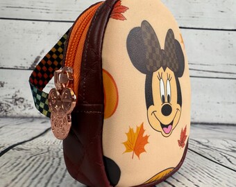 Fall-Themed Mini Zipper Pouch | Small Coin Purse | Autumn Travel Bag with Checkered Strap