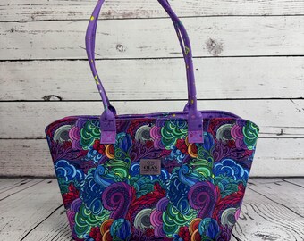 Reversible Tote Bag | Handmade Shoulder Bag | Two-in-One Purse | Quilted Purple & Patterned Fabric Handbag