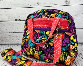 Butterfly Quilted Handbag – Colorful Fabric Purse with Red Polka Dot Strap | Handmade Crossbody Bag | Vibrant Shoulder Bag | Gift for Her