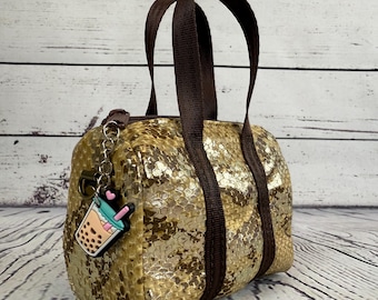 Mini Gold Handbag with Charm | Faux Leather Snake Print Purse | Handmade Small Bag
