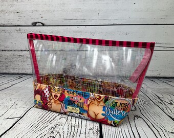 Clear Pop Art Makeup Bag – Funny Retro Travel Pouch | Transparent Cosmetic Bag with Zipper | Bold Gift for Her | Toiletry Bag