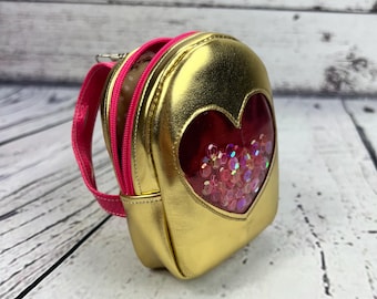 Mini Heart Keychain Bag – Gold & Pink Glitter Pouch | Small Zipper Coin Purse | Cute Sparkly Bag Charm for Keys, Kids, or Dolls