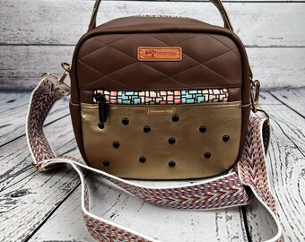 Brown Quilted Crossbody Bag with Gold Studded Pocket – Handmade Vegan Leather Purse with Adjustable Strap