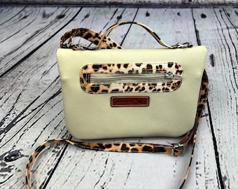 Cream Leopard Print Crossbody | Convertible Clutch Purse | Faux Leather Handbag with Zipper Pocket | Handmade Animal Print Bag