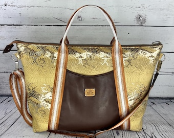 Luxury Snakeskin Tote Bag – Gold & Brown Faux Leather Travel Bag – Oversized Weekender Purse – Handmade Designer Shoulder Bag – Gift for Her