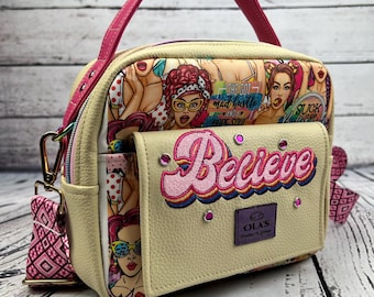 Believe Handmade Statement Bag – Pop Art Print, Embroidered Patch, Rainbow Hardware, One-of-a-Kind Bold Fashion Purse