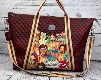 Pop Art Quilted Weekender Bag – Funny Retro Tote with Attitude | Handmade Overnight Travel Bag | Colorful Statement Purse Gift for Her