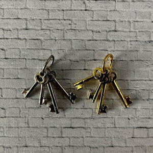 May include: Two key charms, one silver and one gold, each with a cluster of small keys. The keys have star-shaped details on the key heads. The charms are displayed against a textured, light grey brick background.