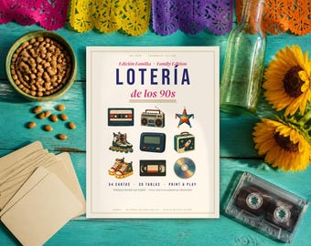 May include: A Lotería de los 90s game board featuring a grid of nine illustrations including a cassette tape, boombox, star piñata, rollerblades, digital clock, lunchbox, sneakers, VHS tape, and CD, with text reading 54 CARTAS 30 TABLAS.