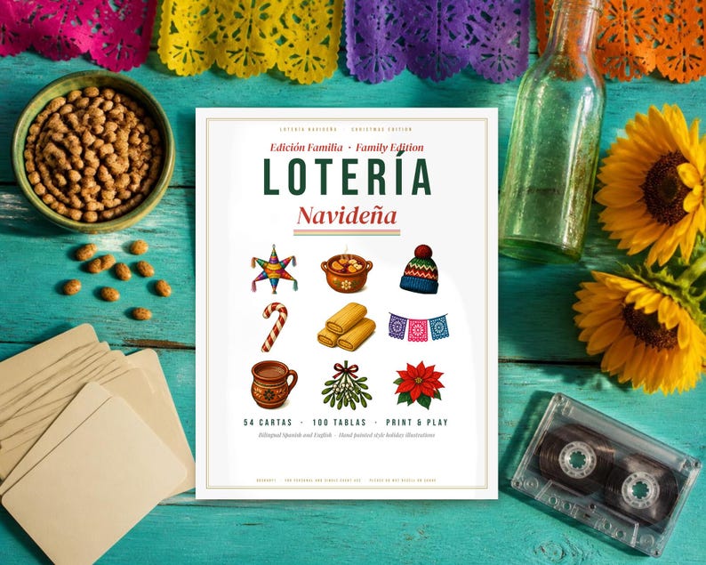 May include: A Loter&iacute;a Navide&ntilde;a game board featuring the text Edici&oacute;n Familia Family Edition, Loter&iacute;a Navide&ntilde;a, 54 Cartas, 100 Tablas, Print & Play. The board displays nine holiday illustrations including a pi&ntilde;ata, a pot, a knit hat, a candy cane, tamales, papel picado, a mug, mistletoe, and a poinsettia.