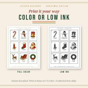May include: A digital Loteria Navide&ntilde;a Christmas edition game set featuring two printable sheets. One sheet displays nine full-colour holiday icons, while the other shows the same nine icons in black and white for low-ink printing.