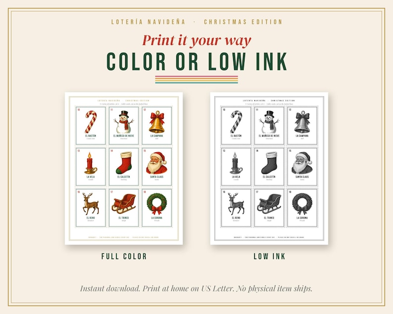 May include: A digital Loteria Navide&ntilde;a Christmas edition game set featuring two printable sheets. One sheet displays nine full-colour holiday icons, while the other shows the same nine icons in black and white for low-ink printing.