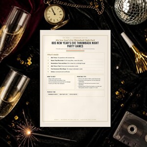 May include: A rectangular printable game sheet titled 80s New Year's Eve Throwback Night Party Games, featuring sections for trivia, music quizzes, and conversation cards, presented on a cream-colored background with black text.