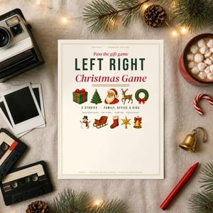 May include: A rectangular game card titled Left Right Christmas Game with green and red text. The card features illustrations of a gift, tree, Santa, reindeer, wreath, snowman, sleigh, stocking, star, and bell, with the text 3 Stories Family Office & Kids.