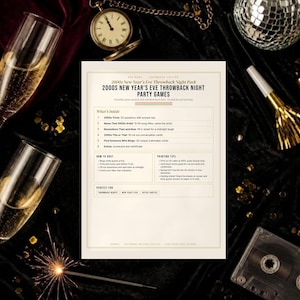 May include: A rectangular printable game sheet titled 2000s New Year's Eve Throwback Night Party Games. The document lists trivia, music quizzes, resolutions, conversation cards, and bingo, with sections for hosting instructions and printing tips.