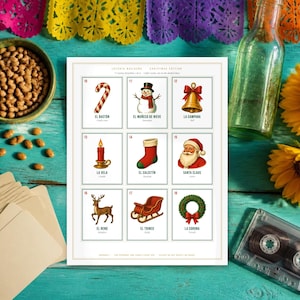 May include: A Christmas edition Loter&iacute;a game card sheet featuring nine illustrations: a candy cane, snowman, bell, candle, stocking, Santa Claus, reindeer, sleigh, and wreath, each with Spanish and English labels and numbers 10 through 18.