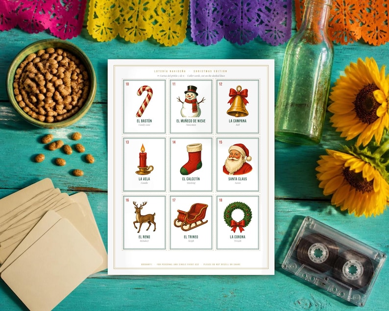May include: A Christmas edition Loter&iacute;a game card sheet featuring nine illustrations: a candy cane, snowman, bell, candle, stocking, Santa Claus, reindeer, sleigh, and wreath, each with Spanish and English labels and numbers 10 through 18.