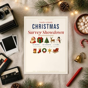 May include: A rectangular game card titled Family vs family CHRISTMAS Survey Showdown. The card features illustrations of Santa, a gift, a tree, a reindeer, a snowman, a bell, a stocking, a wreath, a star, and a sleigh with text below.