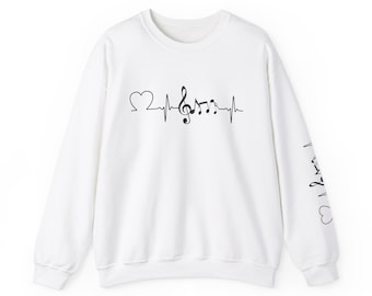 Sweat-shirt notes de musique, pull musique rythme cardiaque, cadeau pour mélomane, col rond pour professeur de musique
