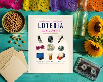 May include: A Lotería de los 2000s game box featuring a white cover with the title in blue and pink text. The design includes illustrations of a flip phone, MP3 player, microphone, sunglasses, CD, disco ball, monitor, iced coffee, and a baseball cap.