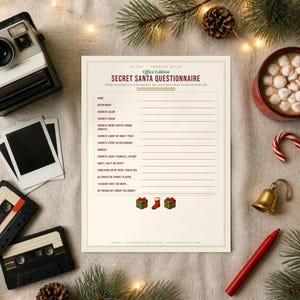 May include: A Secret Santa Questionnaire printed on white paper with the text Office Edition, featuring lines for name, department, and preferences. The document includes small illustrations of two green gifts and a red stocking at the bottom.