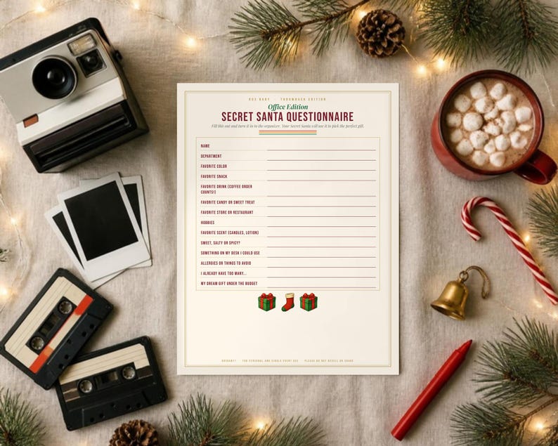 May include: A Secret Santa Questionnaire printed on white paper with the text Office Edition, featuring lines for name, department, and preferences. The document includes small illustrations of two green gifts and a red stocking at the bottom.