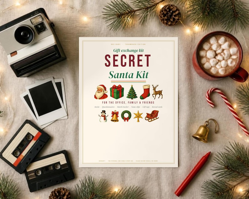 May include: A Secret Santa Kit gift exchange kit printed on a rectangular card with festive icons including Santa, gifts, a tree, a stocking, a reindeer, a snowman, a bell, a wreath, a star, and a sleigh, surrounded by holiday items.