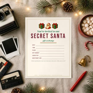 May include: A cream-colored Secret Santa invitation card featuring a Santa Claus icon, two green gift boxes, and lines for date, time, place, budget, and sign-up details. The text reads: You're invited to our SECRET SANTA gift exchange.