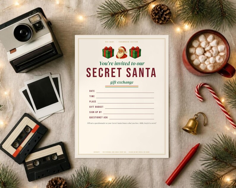 May include: A cream-colored Secret Santa invitation card featuring a Santa Claus icon, two green gift boxes, and lines for date, time, place, budget, and sign-up details. The text reads: You're invited to our SECRET SANTA gift exchange.