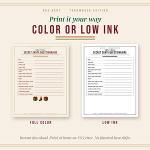 May include: Two printable Secret Santa questionnaire sheets labeled Office Edition. One version features full color with red and green gift icons, while the other is a low ink black and white version. Both include lines for personal preferences.