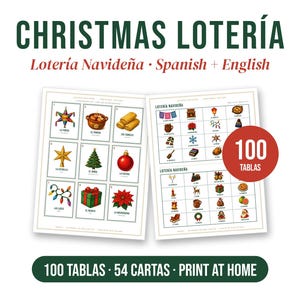May include: A Christmas Loter&iacute;a game set featuring two game boards with colourful holiday illustrations, including a pi&ntilde;ata, star, tree, and gifts. The text reads Christmas Loter&iacute;a, Loter&iacute;a Navide&ntilde;a, 100 Tablas, 54 Cartas, and Print at Home.