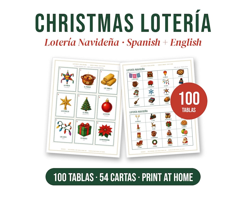 May include: A Christmas Loter&iacute;a game set featuring two game boards with colourful holiday illustrations, including a pi&ntilde;ata, star, tree, and gifts. The text reads Christmas Loter&iacute;a, Loter&iacute;a Navide&ntilde;a, 100 Tablas, 54 Cartas, and Print at Home.