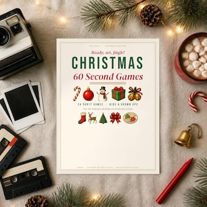 May include: A white game card titled Ready, set, jingle! CHRISTMAS 60 Second Games featuring illustrations of a candy cane, ornament, snowman, gift, bells, stocking, reindeer, tree, bow, and wreath with text 24 PARTY GAMES KIDS & GROWN UPS.