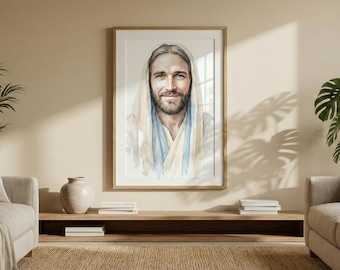 Watercolor Jesus Christ Portrait, Christian Wall Art, LDS Art Print, Religious Home Decor, Modern Jesus Painting, Digital Download
