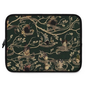May include: A green laptop sleeve with a tapestry-style design featuring a family tree with names and faces. The tree is surrounded by branches and leaves.