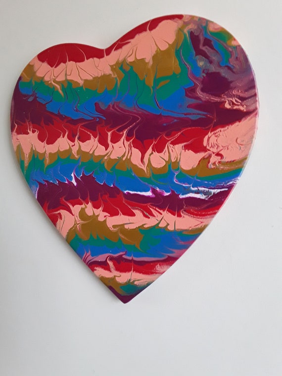 Large Heart Shape Canvas Painting Abstract Rainbow Inspired 40x40 Cm 