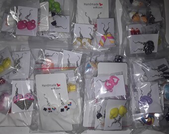 Lucky Dip mystery  Box 10 Pairs of Hand Made Earrings  cartoon , Kitsch, Kawaii, Gumball, Duck flowers, Hearts, Bears Sweets Ect