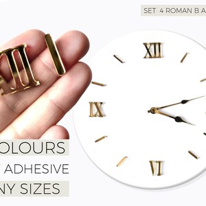 May include: A white clock face with gold Roman numerals and hands. The image also shows gold Roman numeral clock numbers and lines, with the text "6 COLOURS SELF ADHESIVE MANY SIZES".