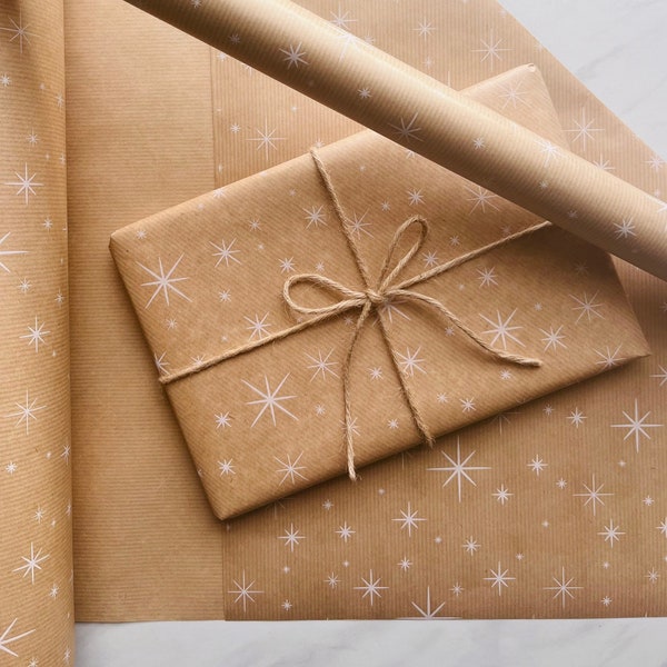 Christmas White Sparkle Eco Friendly Kraft Gift Wrapping Paper, 100% Recycled & Recyclable, Luxury Sustainable Kids Xmas Paper
