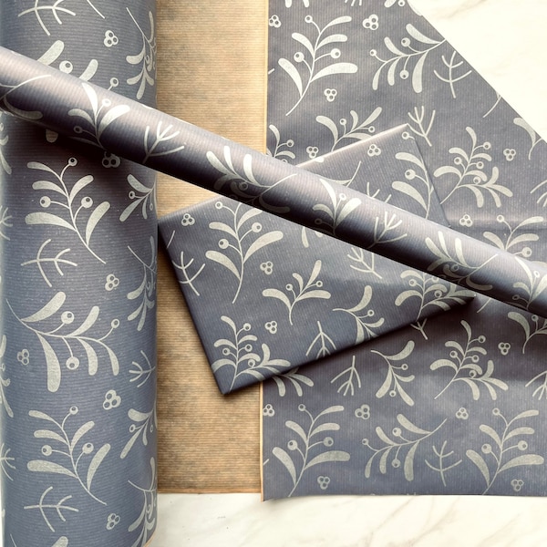 Navy Blue Silver Mistletoe Eco Friendly Gift Wrapping Paper, 100% Recycled & Recyclable, Luxury Sustainable Xmas Paper