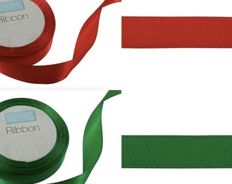 Christmas Red Or Green Satin Ribbon Roll 15 Metres Long 2 Centimetres Wide.
