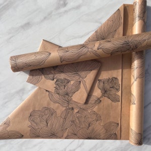 Papel de embrulho ecológico com estampa floral preta, 100% reciclado e reciclável, papel de embrulho kraft para aniversário, sustentável