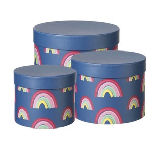 Hat Boxes Set Of 3 Round Storage Boxes, Rainbow Print, Designer Flower Pot, Eco Friendly